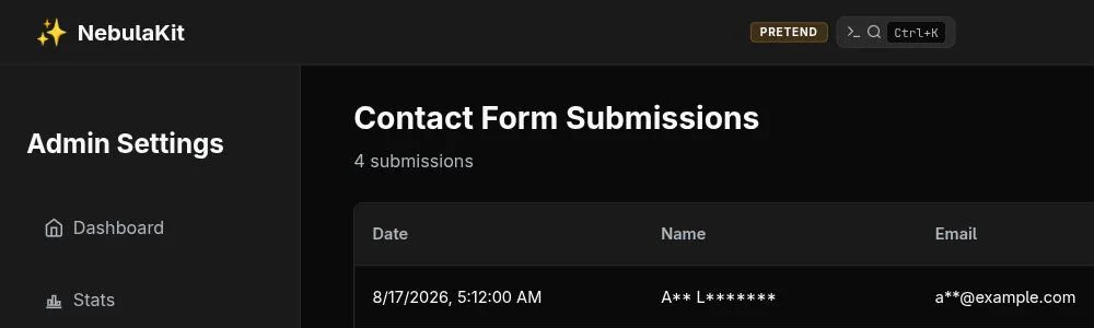 An admin header showing the NebulaKit logo and a gold PRETEND badge pinned in the navigation bar, above a contact submissions table with masked names.
