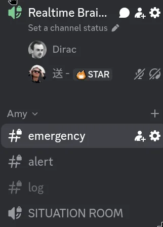 Discord sidebar: a realtime voice channel with Dirac connected, and Amy's channel category with #emergency (selected), #alert, #log text channels and a Situation Room voice channel
