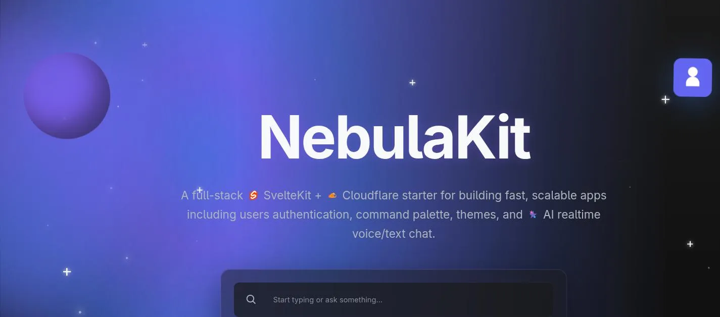 The NebulaKit homepage: a large NebulaKit wordmark over a purple nebula, with the line 'A full-stack SvelteKit + Cloudflare starter for building fast, scalable apps including users authentication, command palette, themes, and AI realtime voice/text chat.'